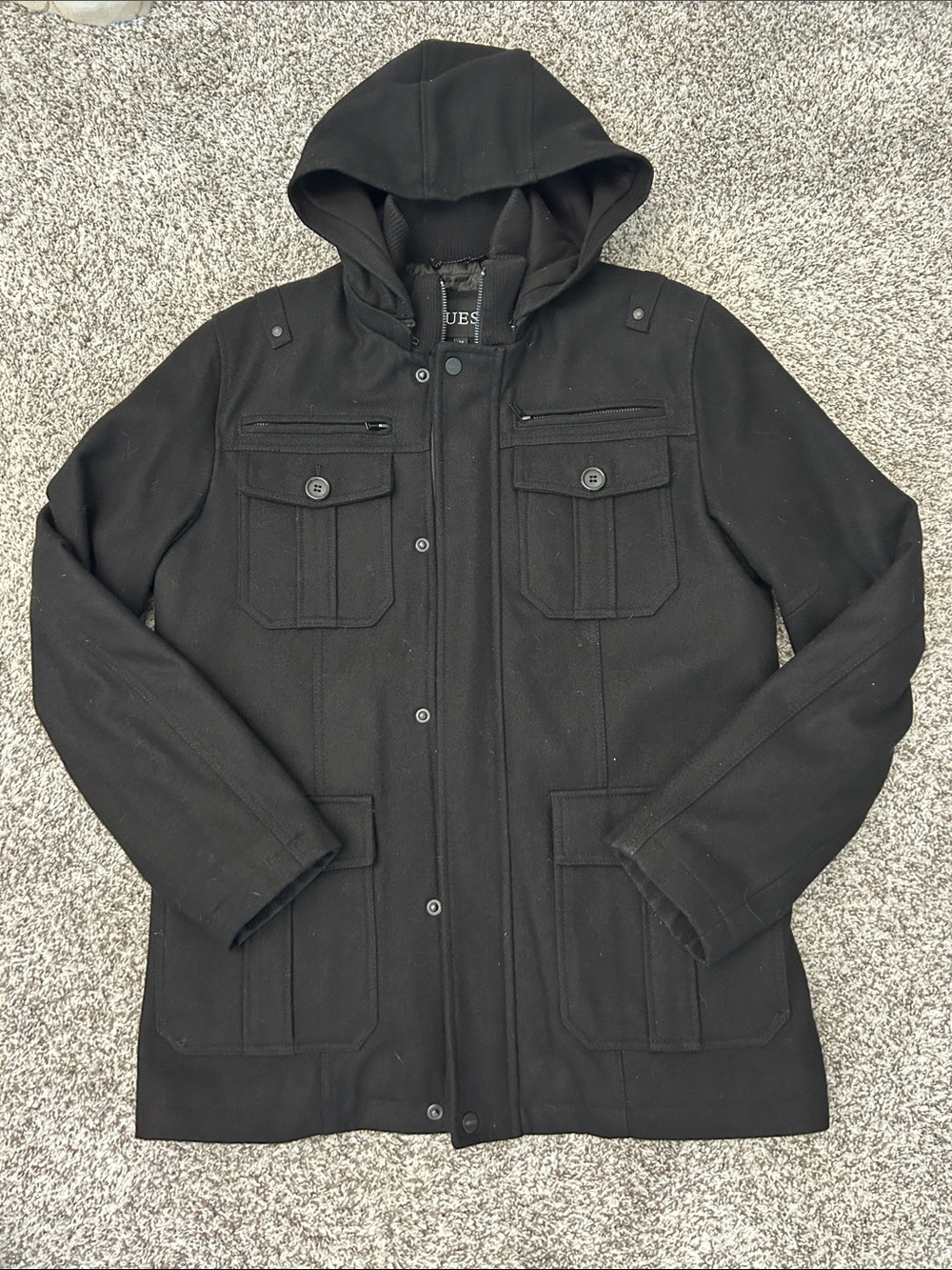 Men’s Guess Black Hooded Military Field Jacket Sz M